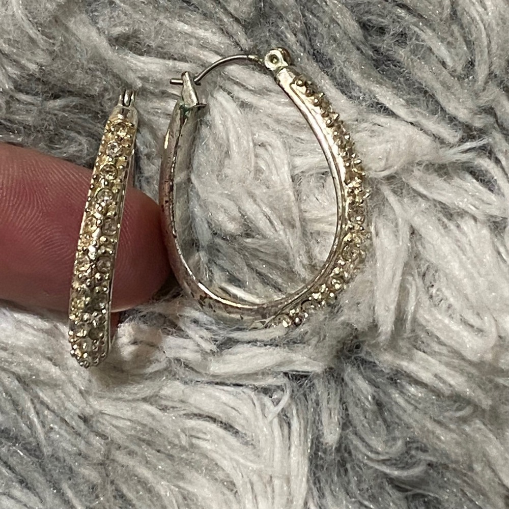Silver Tone Oval Hoop Earrings with Crystal Accents Women's Jewelry - Picture 3 of 3
